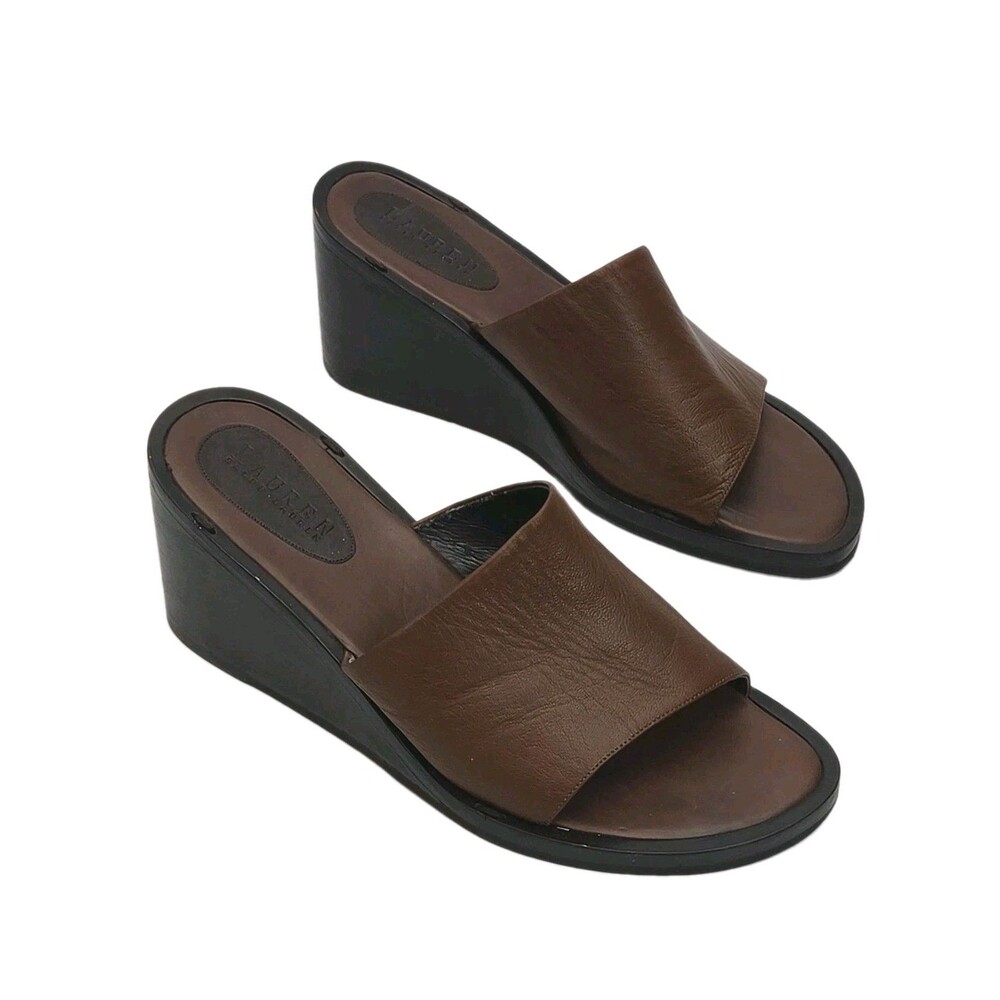 Ralph Lauren Sandal Shoe Women Sz 9.5 Slip On 3.25" Wedge Heel Brown Black
